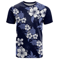Hawaiian Hibiscus Tribal Floral Blue T Shirt Polynesian Tapa Pattern - Polynesian Pride