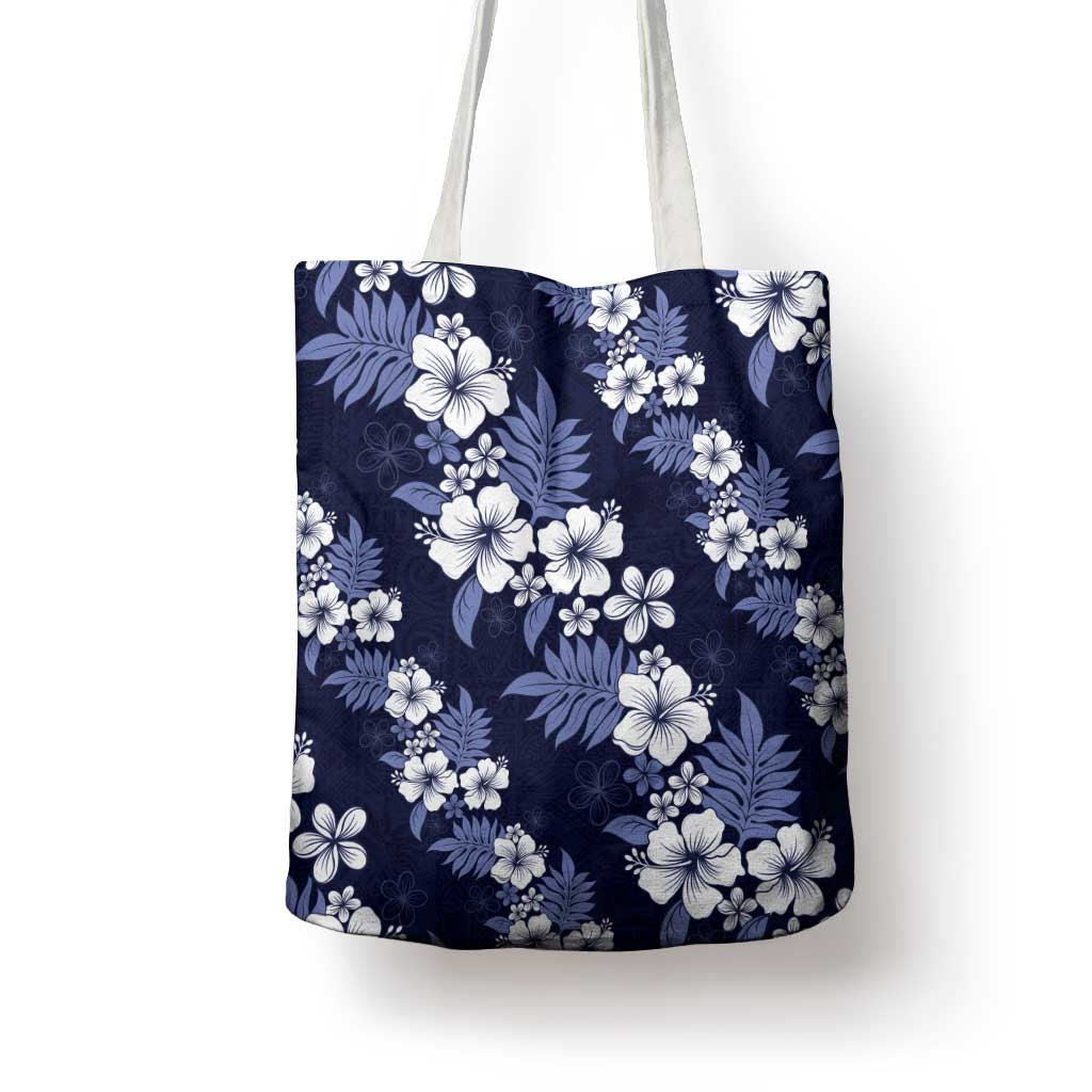 Hawaiian Hibiscus Tribal Floral Blue Tote Bag Polynesian Tapa Pattern - Polynesian Pride