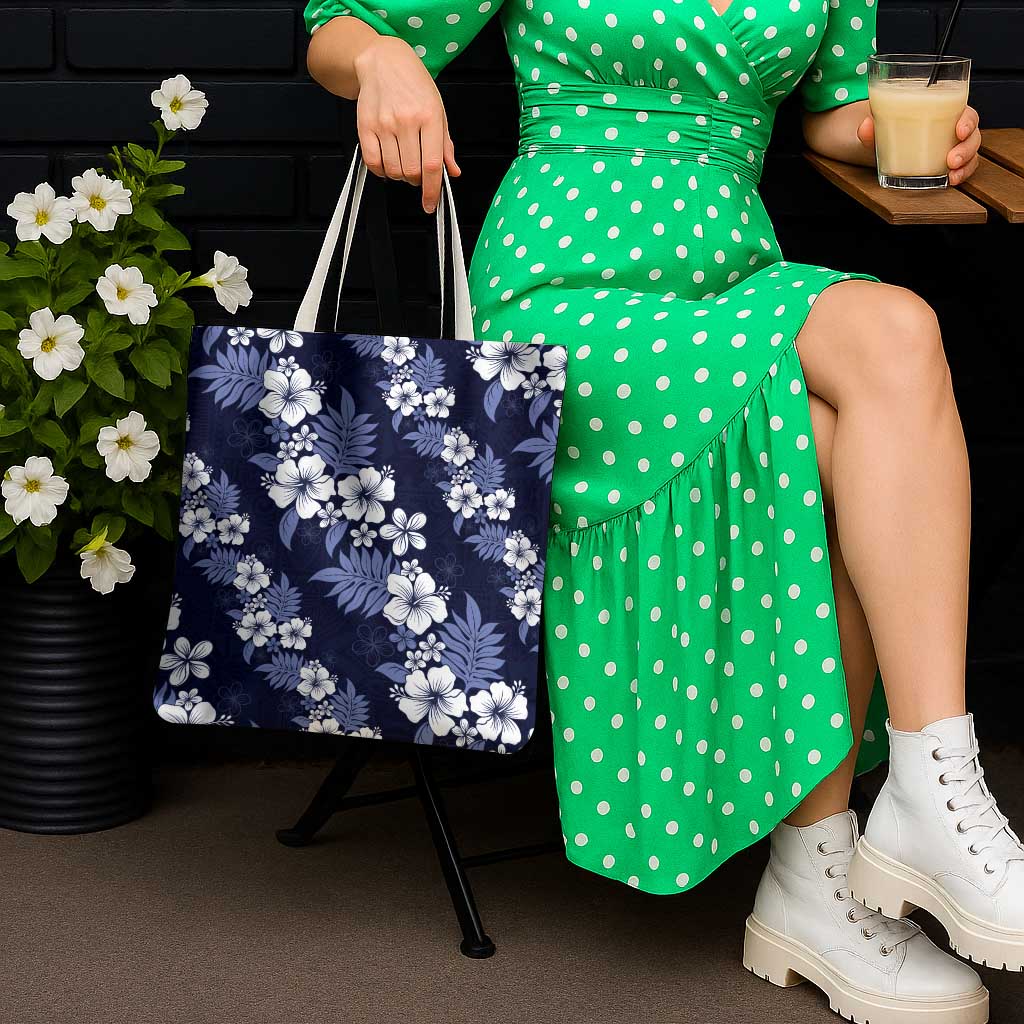 Hawaiian Hibiscus Tribal Floral Blue Tote Bag Polynesian Tapa Pattern - Polynesian Pride