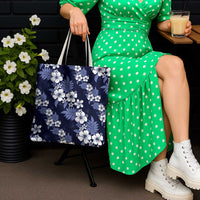 Hawaiian Hibiscus Tribal Floral Blue Tote Bag Polynesian Tapa Pattern - Polynesian Pride