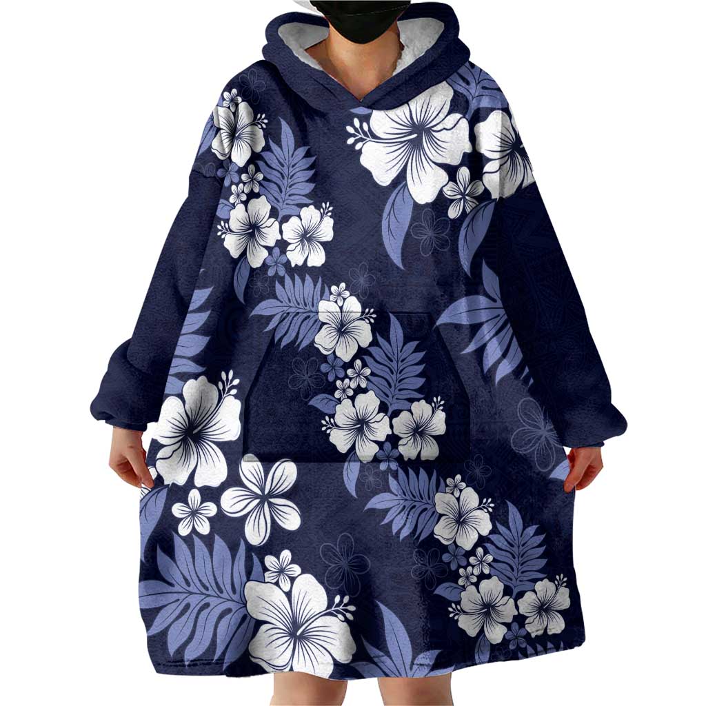 Hawaiian Hibiscus Tribal Floral Blue Wearable Blanket Hoodie Polynesian Tapa Pattern LT01 - Polynesian Pride