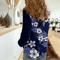 Hawaiian Hibiscus Tribal Floral Blue Women Casual Shirt Polynesian Tapa Pattern - Polynesian Pride