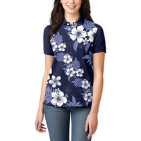 Hawaiian Hibiscus Tribal Floral Blue Women Polo Shirt Polynesian Tapa Pattern - Polynesian Pride