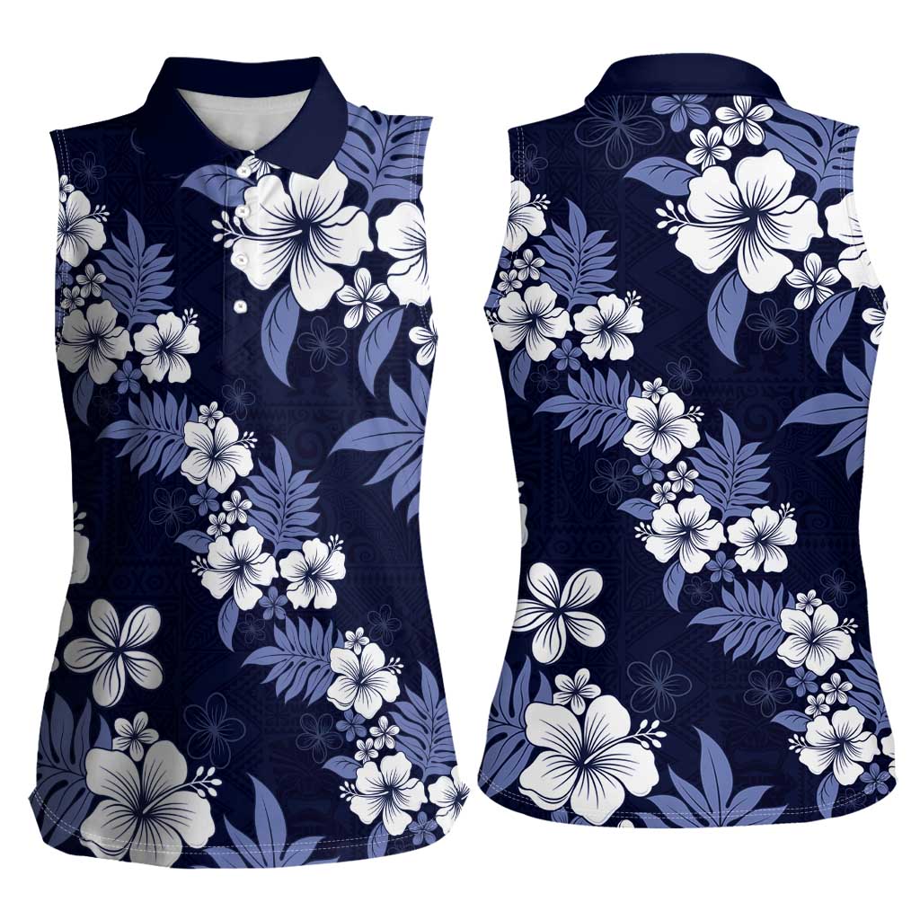 Hawaiian Hibiscus Tribal Floral Blue Women Sleeveless Polo Shirt Polynesian Tapa Pattern LT01 - Polynesian Pride