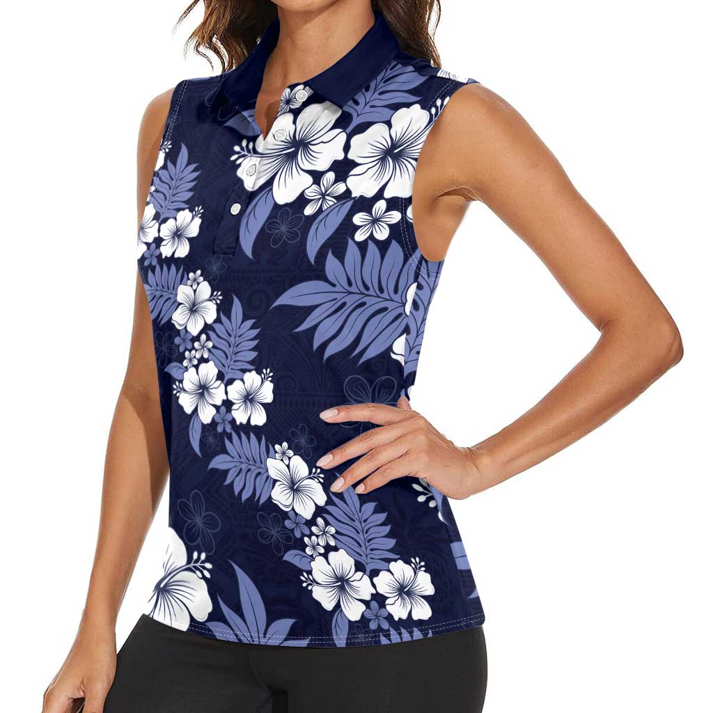 Hawaiian Hibiscus Tribal Floral Blue Women Sleeveless Polo Shirt Polynesian Tapa Pattern LT01 - Polynesian Pride
