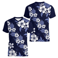 Hawaiian Hibiscus Tribal Floral Blue Women V-Neck T-Shirt Polynesian Tapa Pattern - Polynesian Pride
