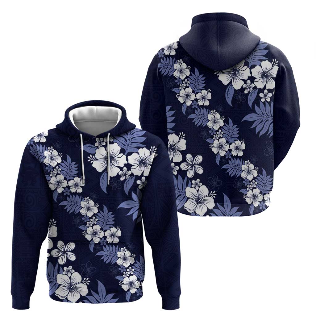 Hawaiian Hibiscus Tribal Floral Blue Zip Hoodie Polynesian Tapa Pattern - Polynesian Pride