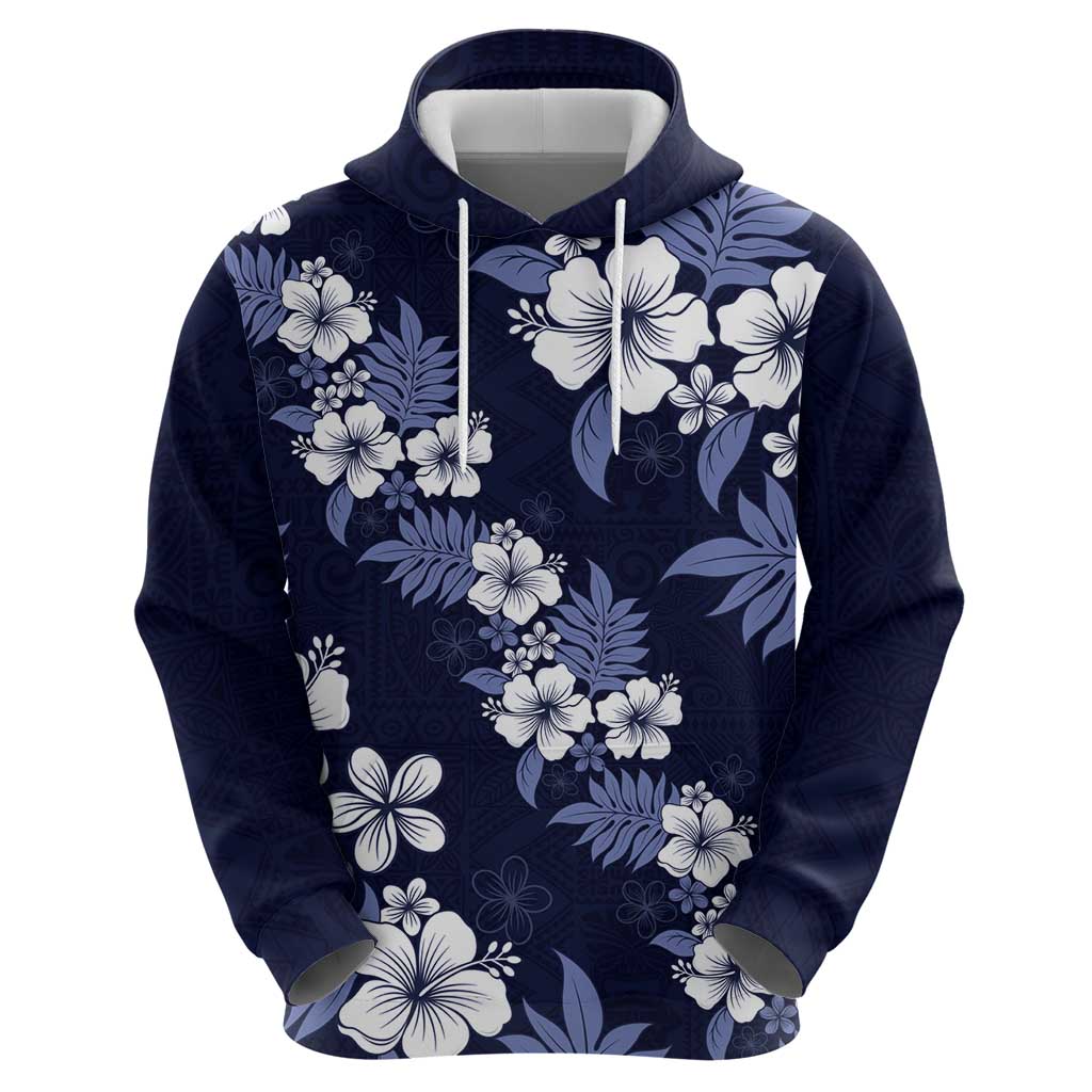 Hawaiian Hibiscus Tribal Floral Blue Zip Hoodie Polynesian Tapa Pattern - Polynesian Pride