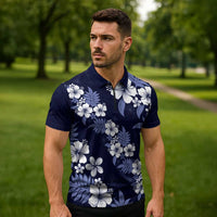 Hawaiian Hibiscus Tribal Floral Blue Zipper Polo Shirt Polynesian Tapa Pattern - Polynesian Pride