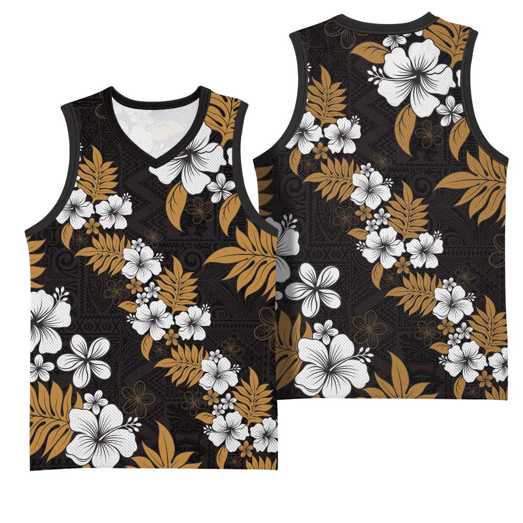 Hawaiian Hibiscus Tribal Floral Brown Basketball Jersey Polynesian Tapa Pattern - Polynesian Pride