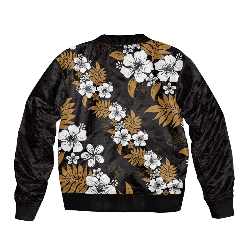 Hawaiian Hibiscus Tribal Floral Brown Bomber Jacket Polynesian Tapa Pattern - Polynesian Pride