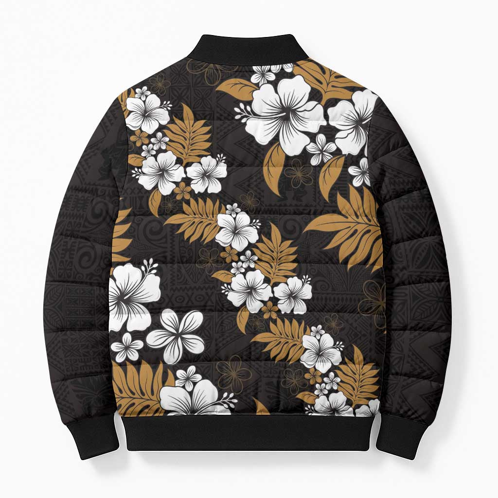 Hawaiian Hibiscus Tribal Floral Brown Bomber Puffer Jacket Polynesian Tapa Pattern - Polynesian Pride