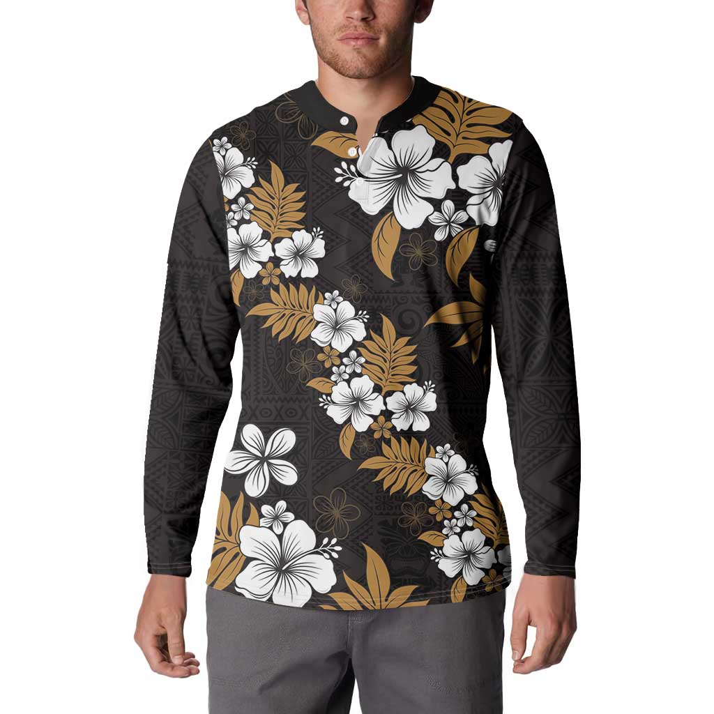 Hawaiian Hibiscus Tribal Floral Brown Button Sweatshirt Polynesian Tapa Pattern LT01 - Polynesian Pride