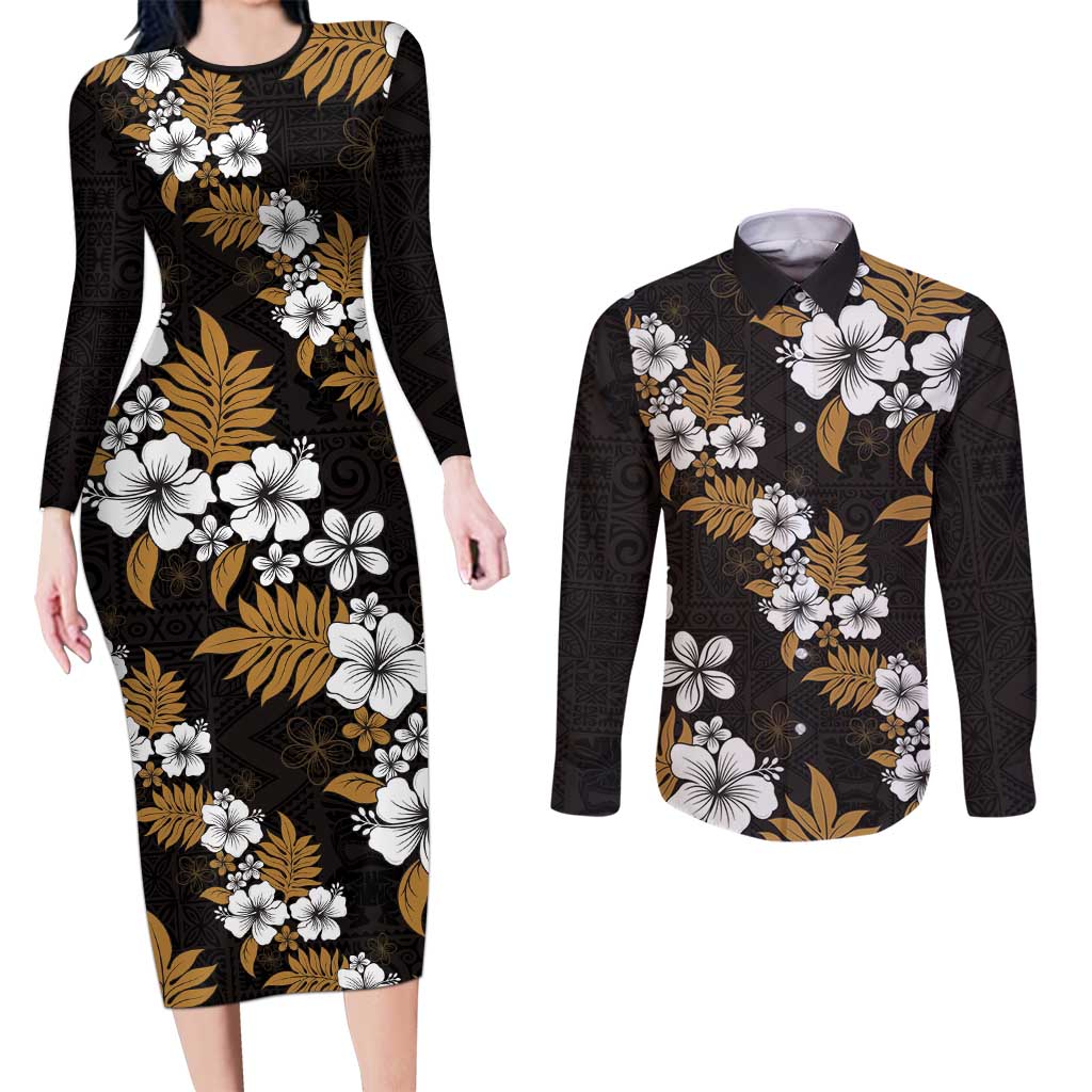 Hawaiian Hibiscus Tribal Floral Brown Couples Matching Long Sleeve Bodycon Dress and Long Sleeve Button Shirt Polynesian Tapa Pattern LT01 Brown - Polynesian Pride