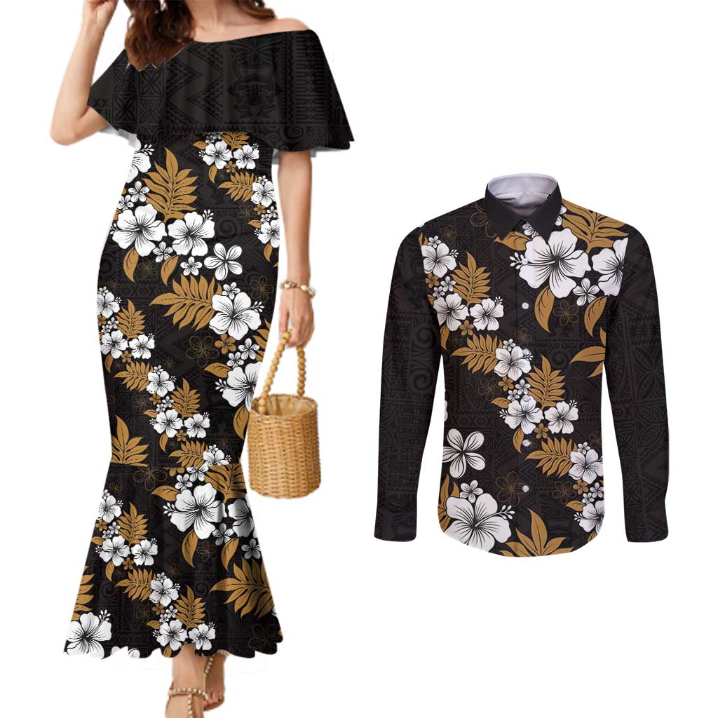Hawaiian Hibiscus Tribal Floral Brown Couples Matching Mermaid Dress and Long Sleeve Button Shirt Polynesian Tapa Pattern LT01 Brown - Polynesian Pride