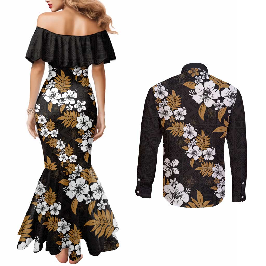Hawaiian Hibiscus Tribal Floral Brown Couples Matching Mermaid Dress and Long Sleeve Button Shirt Polynesian Tapa Pattern LT01 - Polynesian Pride
