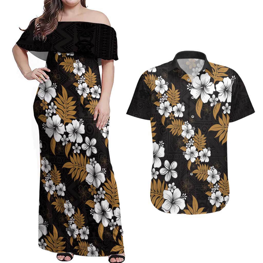 Hawaiian Hibiscus Tribal Floral Brown Couples Matching Off Shoulder Maxi Dress and Hawaiian Shirt Polynesian Tapa Pattern LT01 Brown - Polynesian Pride