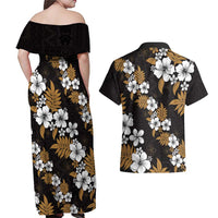 Hawaiian Hibiscus Tribal Floral Brown Couples Matching Off Shoulder Maxi Dress and Hawaiian Shirt Polynesian Tapa Pattern LT01 - Polynesian Pride
