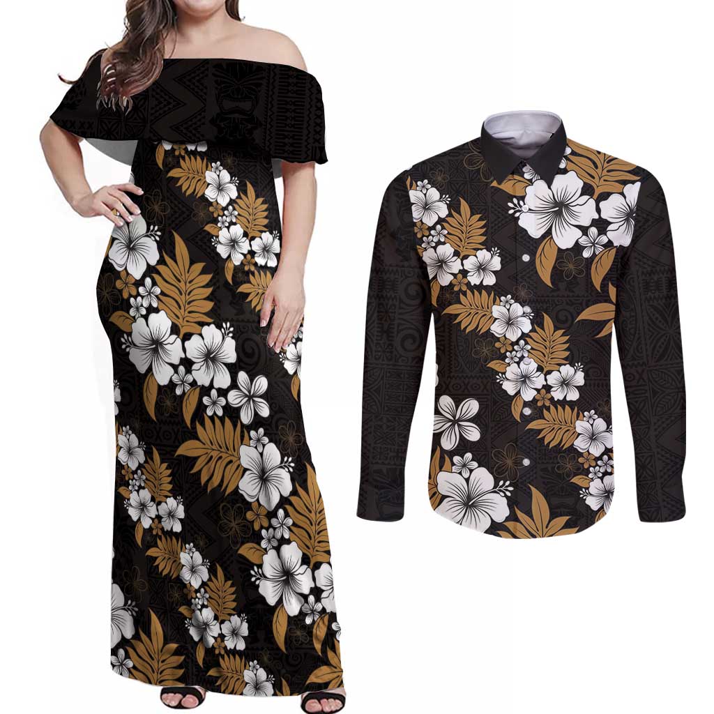 Hawaiian Hibiscus Tribal Floral Brown Couples Matching Off Shoulder Maxi Dress and Long Sleeve Button Shirt Polynesian Tapa Pattern LT01 Brown - Polynesian Pride