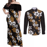 Hawaiian Hibiscus Tribal Floral Brown Couples Matching Off Shoulder Maxi Dress and Long Sleeve Button Shirt Polynesian Tapa Pattern LT01 Brown - Polynesian Pride