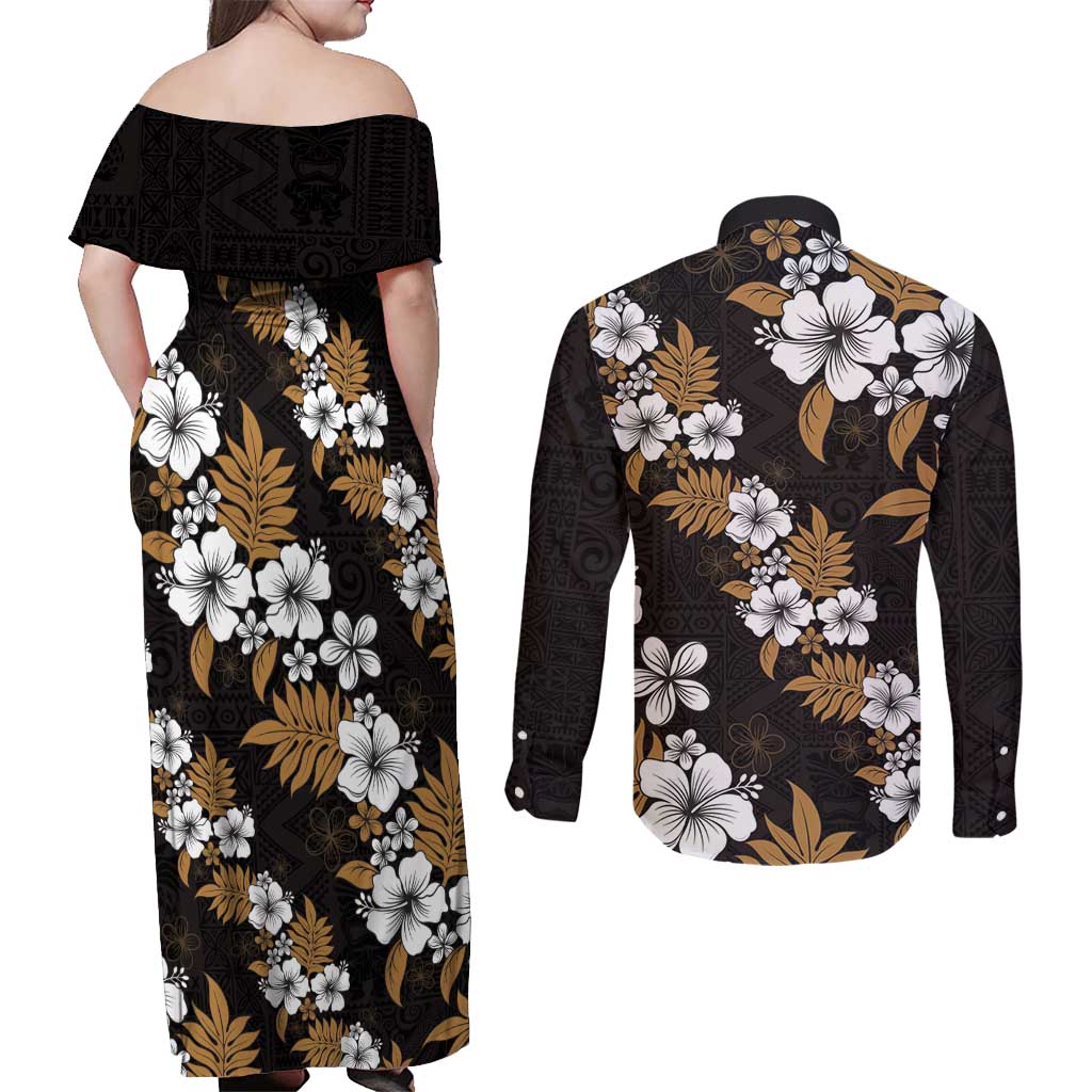 Hawaiian Hibiscus Tribal Floral Brown Couples Matching Off Shoulder Maxi Dress and Long Sleeve Button Shirt Polynesian Tapa Pattern LT01 - Polynesian Pride