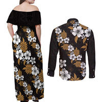 Hawaiian Hibiscus Tribal Floral Brown Couples Matching Off Shoulder Maxi Dress and Long Sleeve Button Shirt Polynesian Tapa Pattern LT01 - Polynesian Pride
