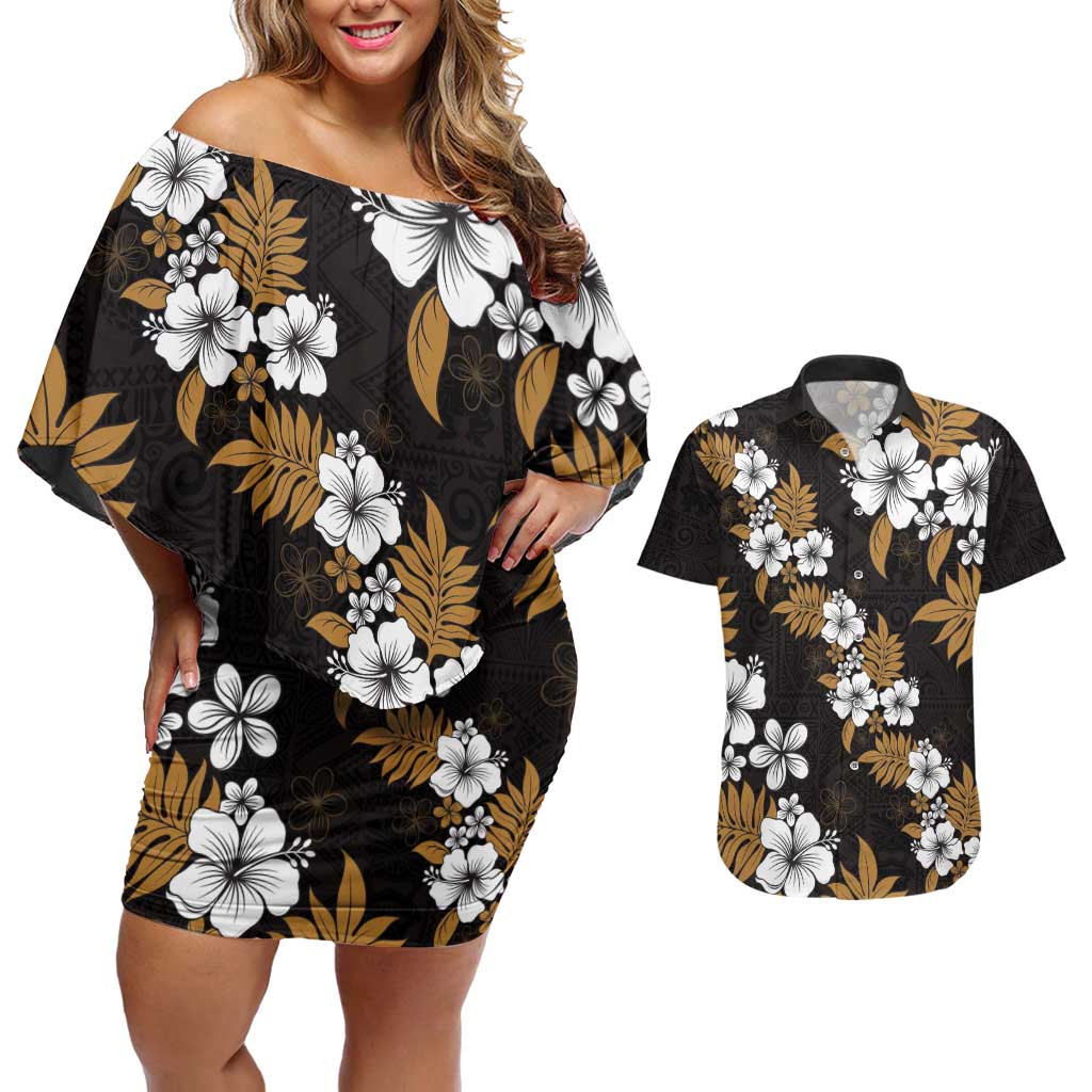Hawaiian Hibiscus Tribal Floral Brown Couples Matching Off Shoulder Short Dress and Hawaiian Shirt Polynesian Tapa Pattern LT01 Brown - Polynesian Pride