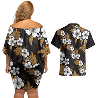 Hawaiian Hibiscus Tribal Floral Brown Couples Matching Off Shoulder Short Dress and Hawaiian Shirt Polynesian Tapa Pattern LT01 - Polynesian Pride