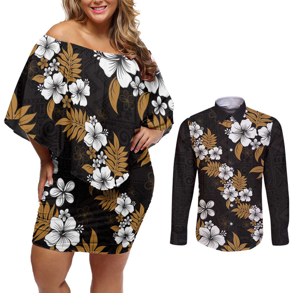 Hawaiian Hibiscus Tribal Floral Brown Couples Matching Off Shoulder Short Dress and Long Sleeve Button Shirt Polynesian Tapa Pattern LT01 Brown - Polynesian Pride