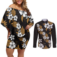 Hawaiian Hibiscus Tribal Floral Brown Couples Matching Off Shoulder Short Dress and Long Sleeve Button Shirt Polynesian Tapa Pattern LT01 Brown - Polynesian Pride