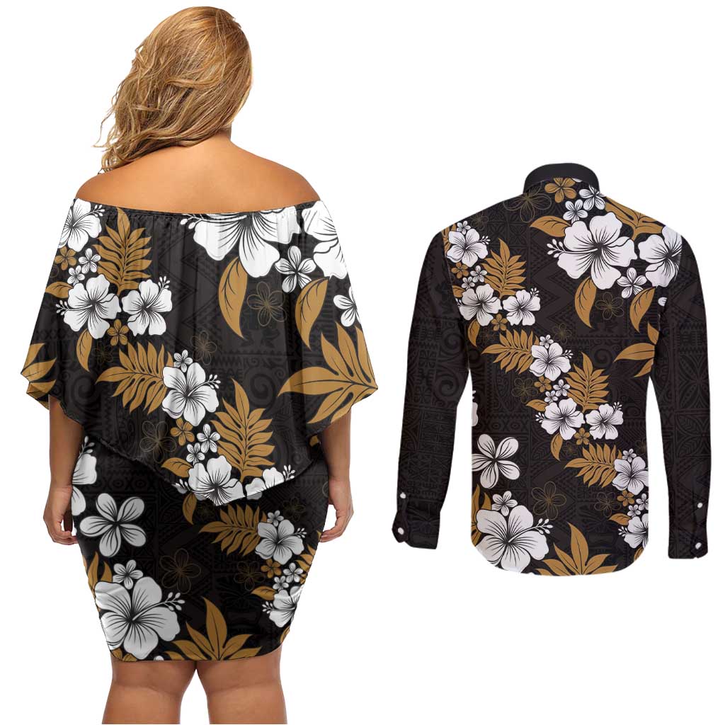 Hawaiian Hibiscus Tribal Floral Brown Couples Matching Off Shoulder Short Dress and Long Sleeve Button Shirt Polynesian Tapa Pattern LT01 - Polynesian Pride