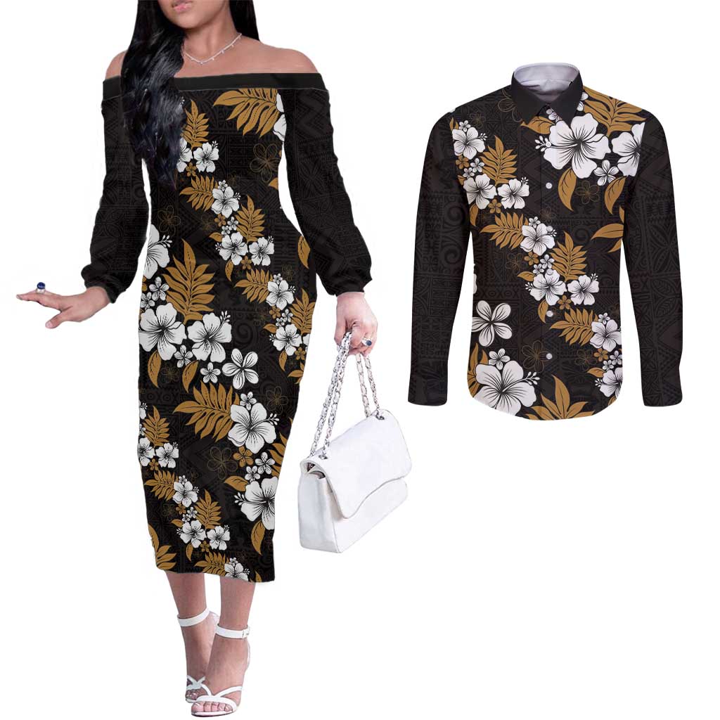 Hawaiian Hibiscus Tribal Floral Brown Couples Matching Off The Shoulder Long Sleeve Dress and Long Sleeve Button Shirt Polynesian Tapa Pattern LT01 Brown - Polynesian Pride