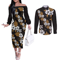 Hawaiian Hibiscus Tribal Floral Brown Couples Matching Off The Shoulder Long Sleeve Dress and Long Sleeve Button Shirt Polynesian Tapa Pattern LT01 Brown - Polynesian Pride