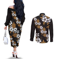 Hawaiian Hibiscus Tribal Floral Brown Couples Matching Off The Shoulder Long Sleeve Dress and Long Sleeve Button Shirt Polynesian Tapa Pattern LT01 - Polynesian Pride