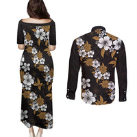 Hawaiian Hibiscus Tribal Floral Brown Couples Matching Puletasi and Long Sleeve Button Shirt Polynesian Tapa Pattern LT01 - Polynesian Pride