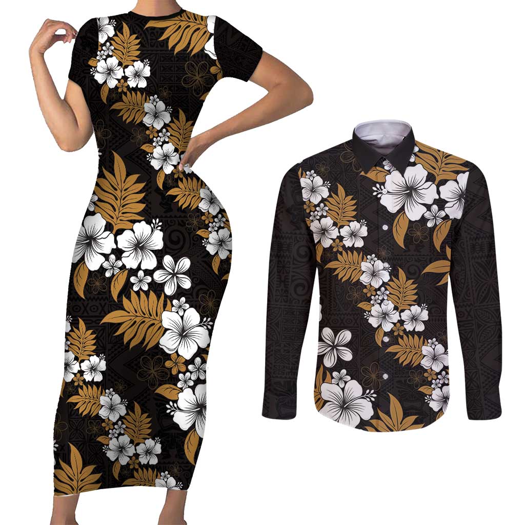 Hawaiian Hibiscus Tribal Floral Brown Couples Matching Short Sleeve Bodycon Dress and Long Sleeve Button Shirt Polynesian Tapa Pattern LT01 Brown - Polynesian Pride