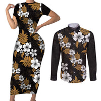 Hawaiian Hibiscus Tribal Floral Brown Couples Matching Short Sleeve Bodycon Dress and Long Sleeve Button Shirt Polynesian Tapa Pattern LT01 Brown - Polynesian Pride