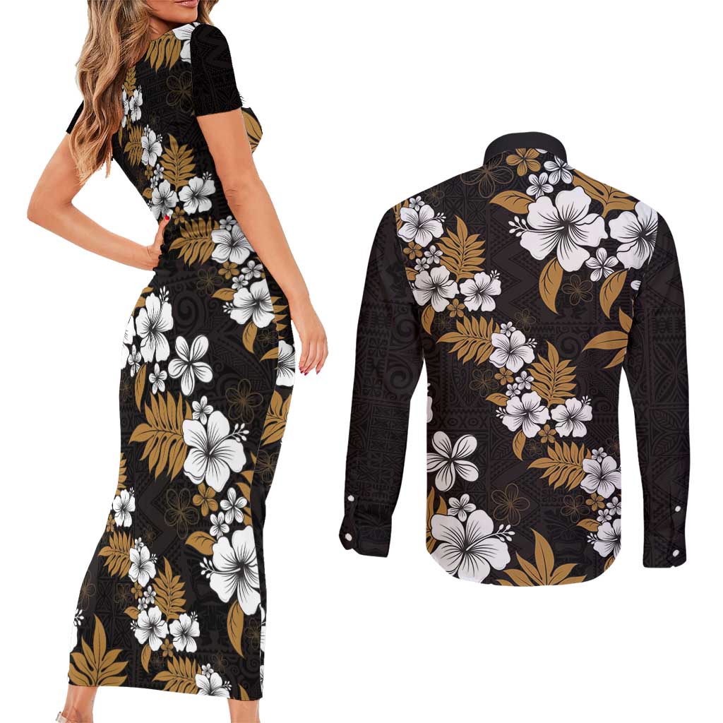 Hawaiian Hibiscus Tribal Floral Brown Couples Matching Short Sleeve Bodycon Dress and Long Sleeve Button Shirt Polynesian Tapa Pattern LT01 - Polynesian Pride