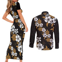 Hawaiian Hibiscus Tribal Floral Brown Couples Matching Short Sleeve Bodycon Dress and Long Sleeve Button Shirt Polynesian Tapa Pattern LT01 - Polynesian Pride