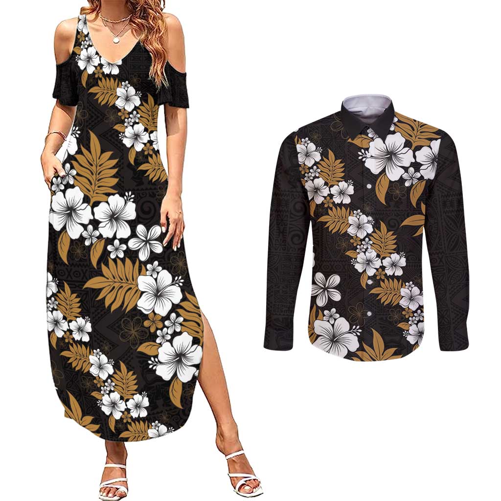 Hawaiian Hibiscus Tribal Floral Brown Couples Matching Summer Maxi Dress and Long Sleeve Button Shirt Polynesian Tapa Pattern LT01 Brown - Polynesian Pride