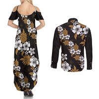 Hawaiian Hibiscus Tribal Floral Brown Couples Matching Summer Maxi Dress and Long Sleeve Button Shirt Polynesian Tapa Pattern LT01 - Polynesian Pride