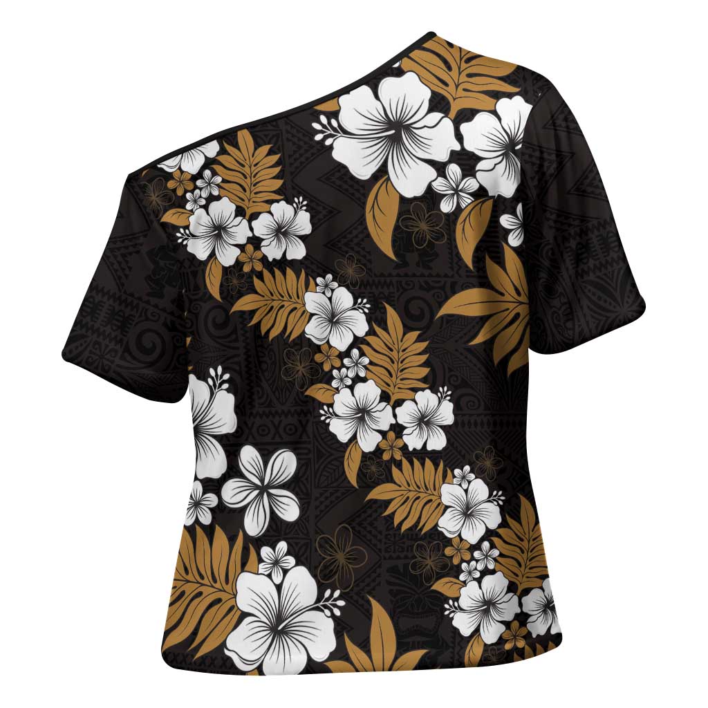 Hawaiian Hibiscus Tribal Floral Brown Cross Shoulder Shirt Polynesian Tapa Pattern - Polynesian Pride