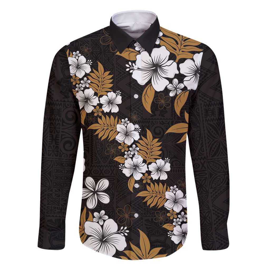 Hawaiian Hibiscus Tribal Floral Brown Family Matching Long Sleeve Bodycon Dress and Hawaiian Shirt Polynesian Tapa Pattern LT01 Dad's Shirt - Long Sleeve Brown - Polynesian Pride