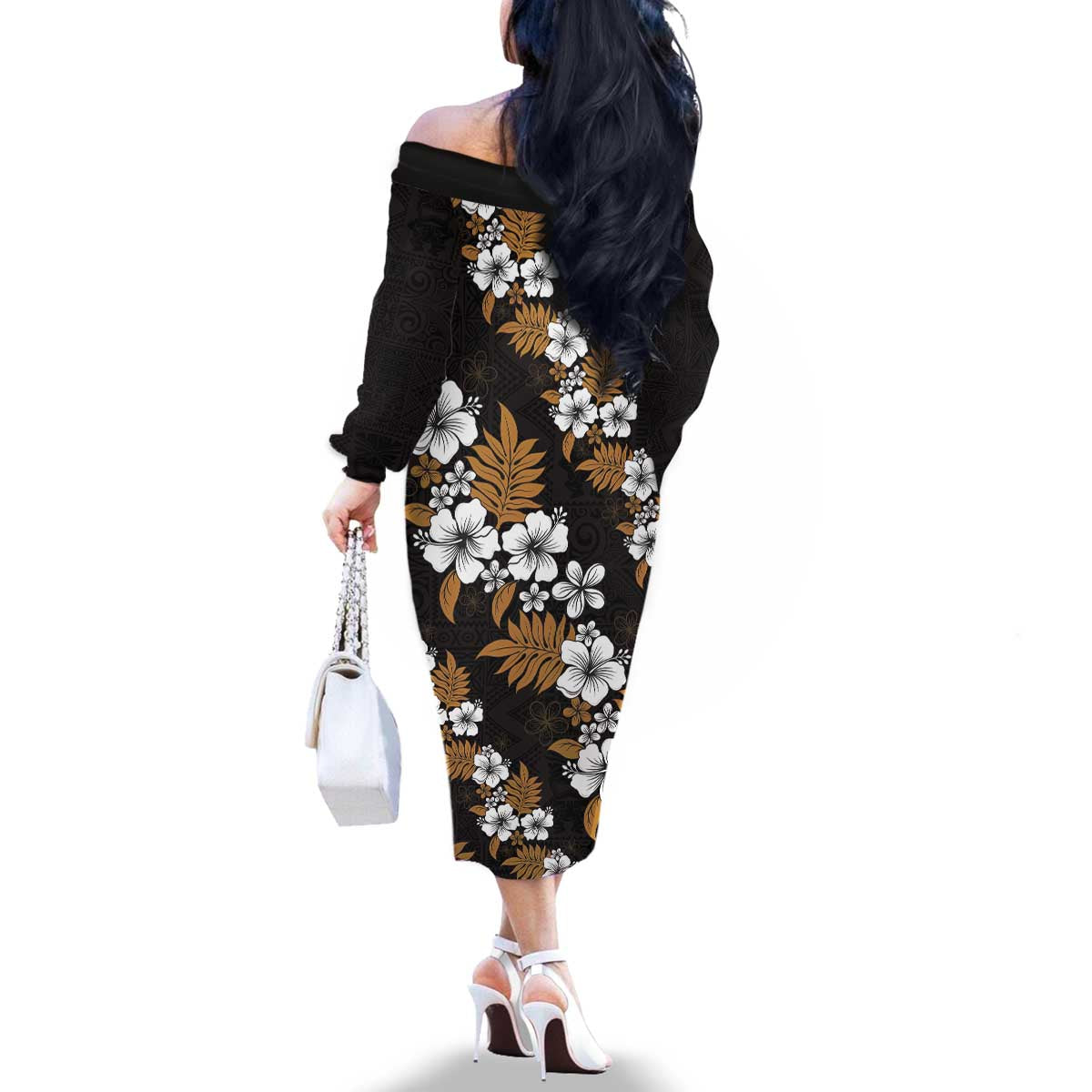 Hawaiian Hibiscus Tribal Floral Brown Family Matching Off The Shoulder Long Sleeve Dress and Hawaiian Shirt Polynesian Tapa Pattern LT01 - Polynesian Pride