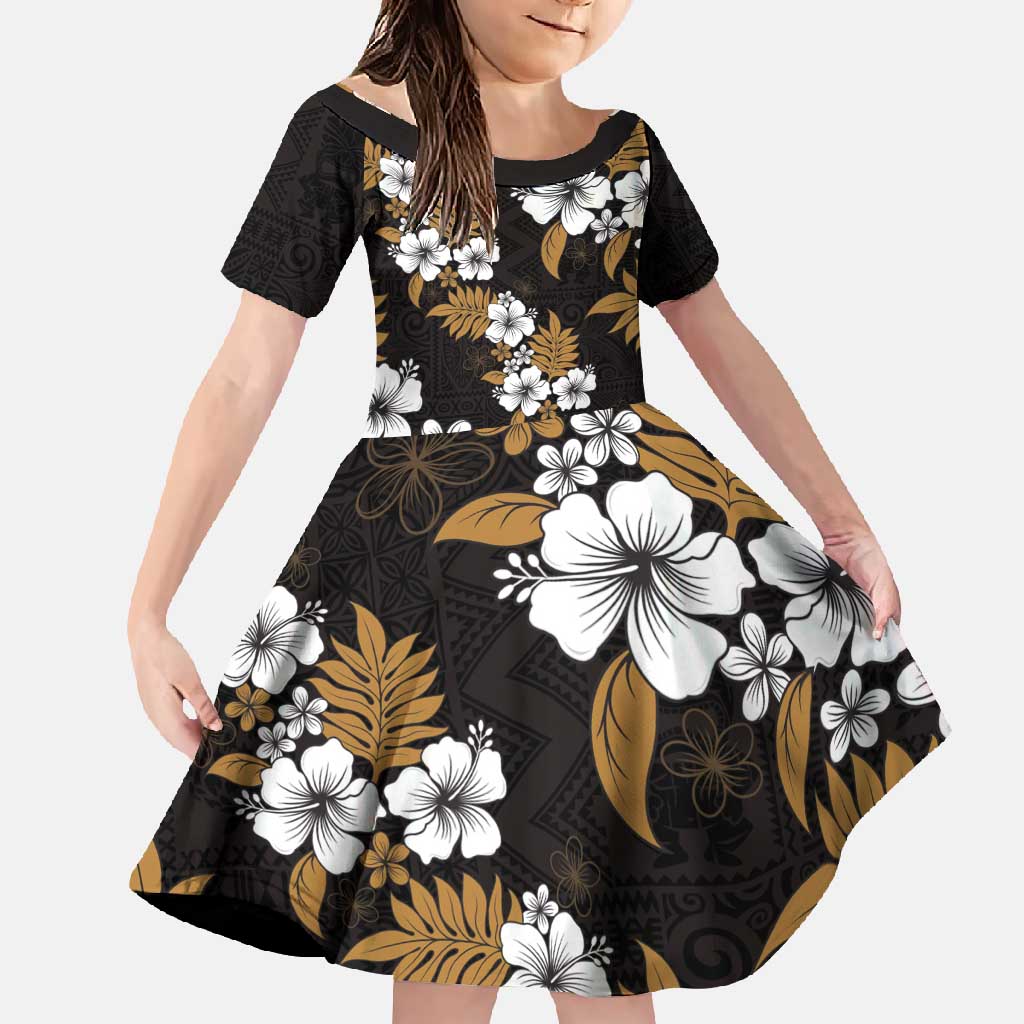 Hawaiian Hibiscus Tribal Floral Brown Family Matching Short Sleeve Bodycon Dress and Hawaiian Shirt Polynesian Tapa Pattern LT01 Daughter's Dress Brown - Polynesian Pride