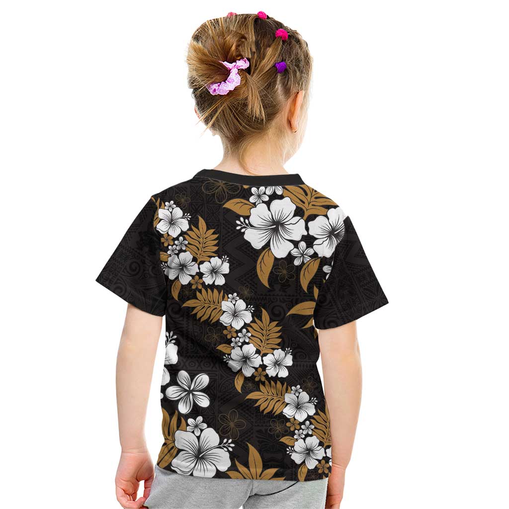 Hawaiian Hibiscus Tribal Floral Brown Kid T Shirt Polynesian Tapa Pattern - Polynesian Pride