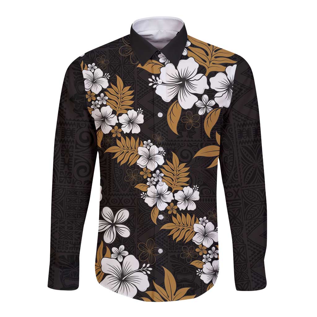 Hawaiian Hibiscus Tribal Floral Brown Long Sleeve Button Shirt Polynesian Tapa Pattern LT01 Unisex Brown - Polynesian Pride