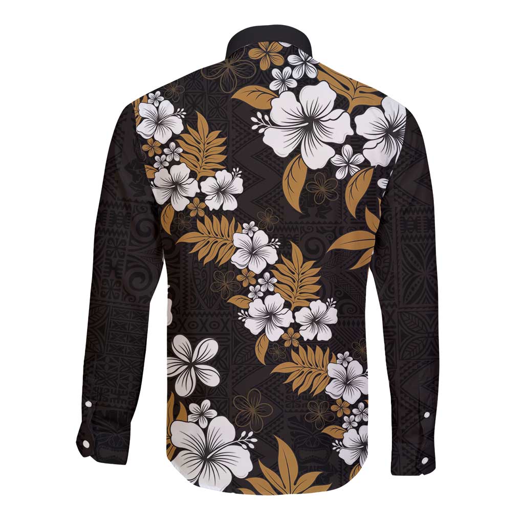 Hawaiian Hibiscus Tribal Floral Brown Long Sleeve Button Shirt Polynesian Tapa Pattern LT01 - Polynesian Pride