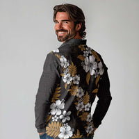 Hawaiian Hibiscus Tribal Floral Brown Long Sleeve Polo Shirt Polynesian Tapa Pattern LT01 - Polynesian Pride