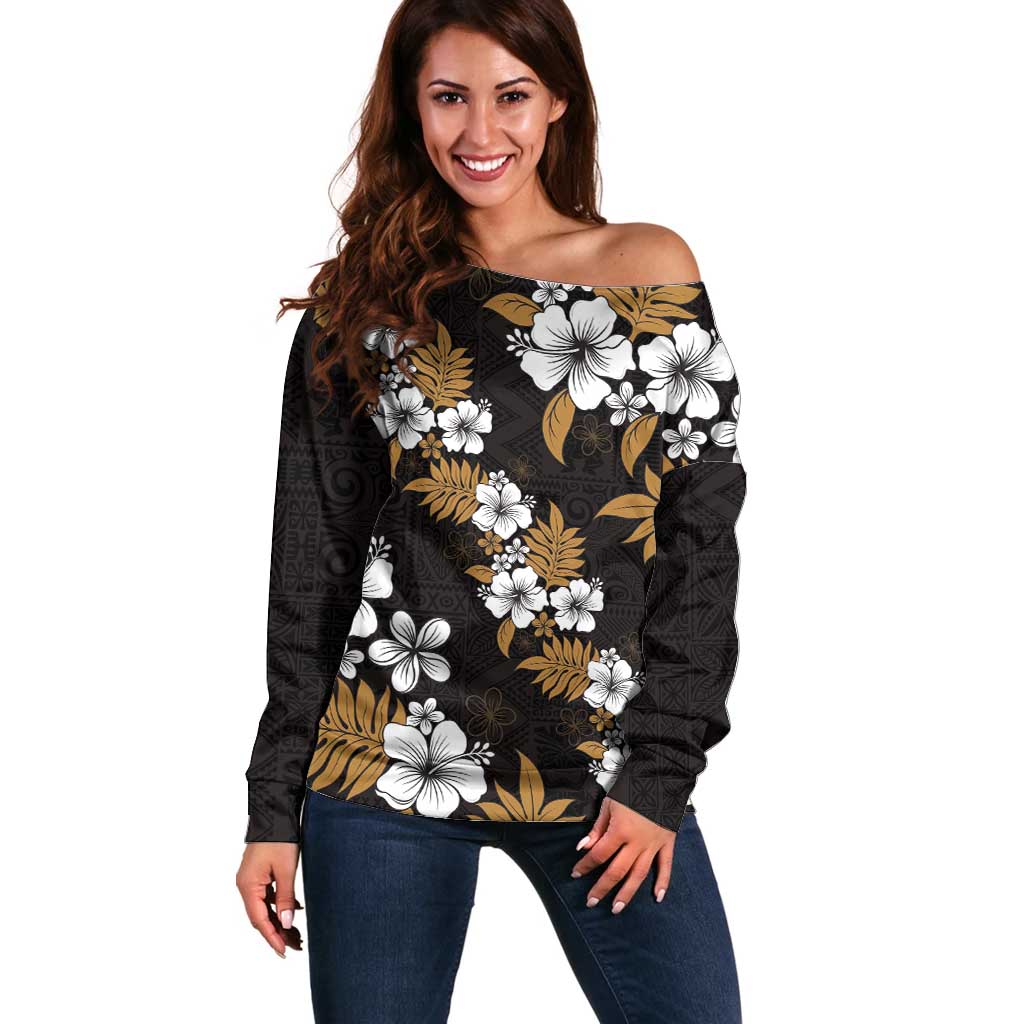 Hawaiian Hibiscus Tribal Floral Brown Off Shoulder Sweater Polynesian Tapa Pattern - Polynesian Pride